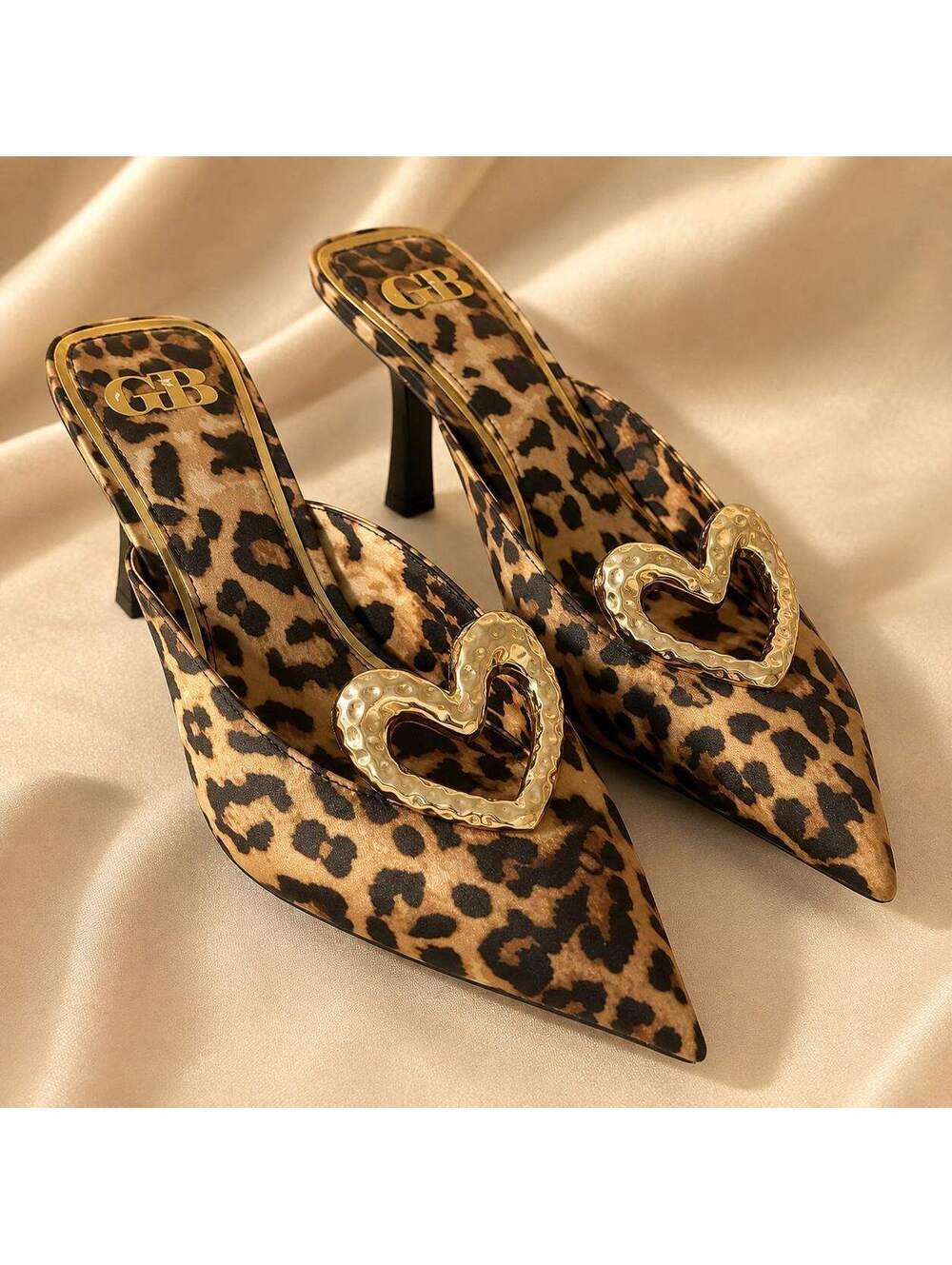 NWT Gianni Bini GB Leopard Print Satin Mules with Gold Heart Detail, 7M NWOB